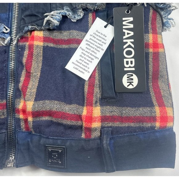 Makobi Mens Small Dark Blue Plaid Zip Denim Jean Sherpa Jacket Distressed M1035 - Picture 2 of 11